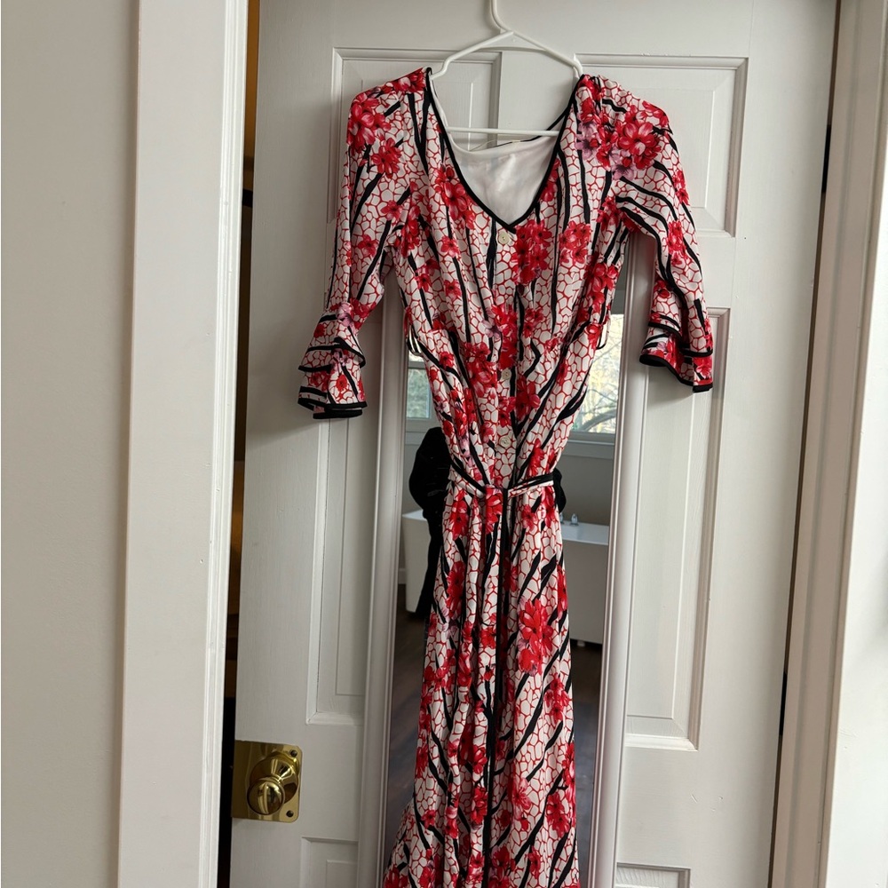 eShakti Floral Long Sleeve Dress with Red and Black Accents